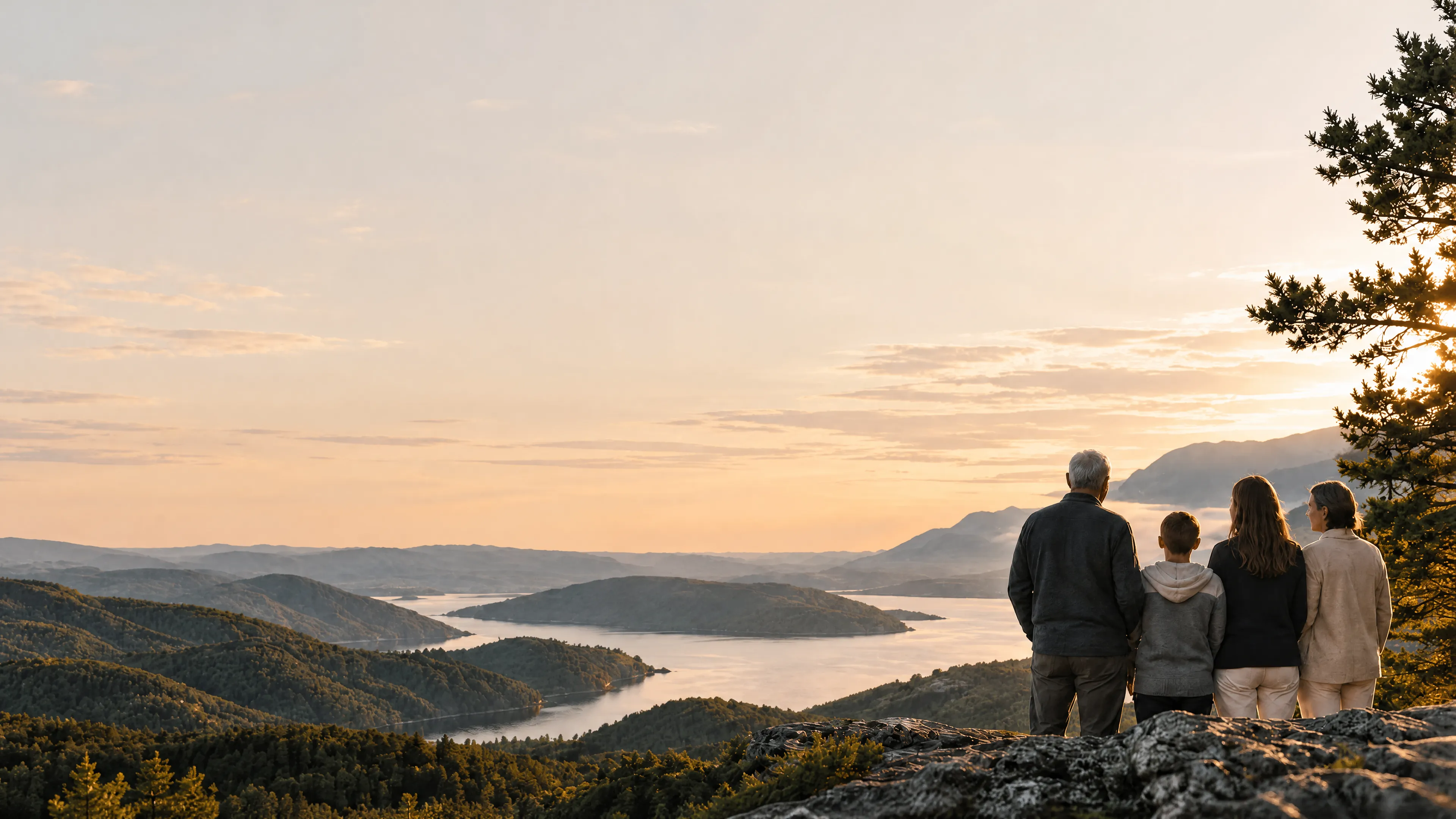 A family of four standing together on a rocky outlook at sunset, looking out over a lake and forested hills